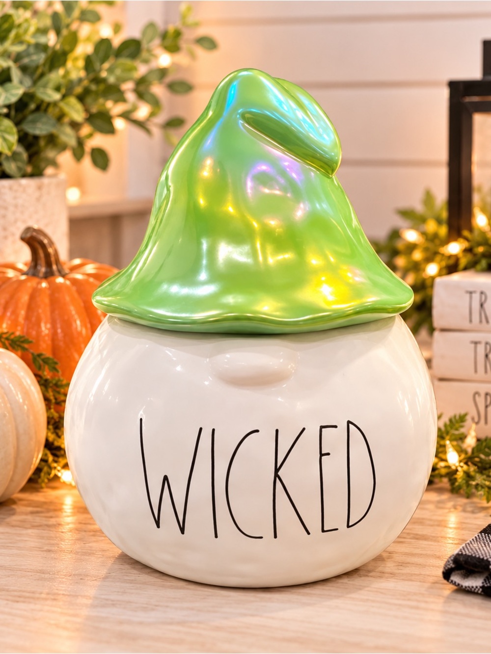 NEW Rae Dunn ‘WICKED’ Halloween Ceramic Gnome With Green Luster Hat